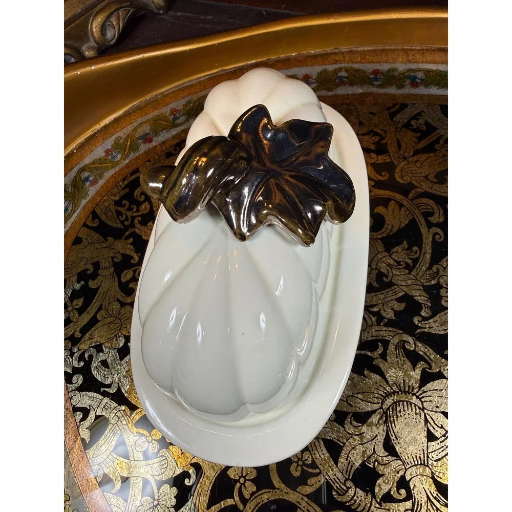 Vintage Pumpkin Butter Dish - Covered Dish with Ivory‎ & Metallic Glaze